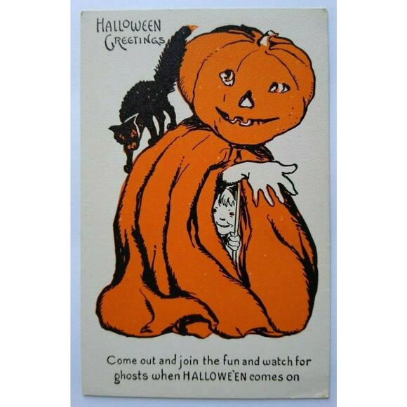 Halloween Postcard Metropolitan News 1133 Goblin Boy Black Cat Vintage Fantasy - Picture 2 of 4